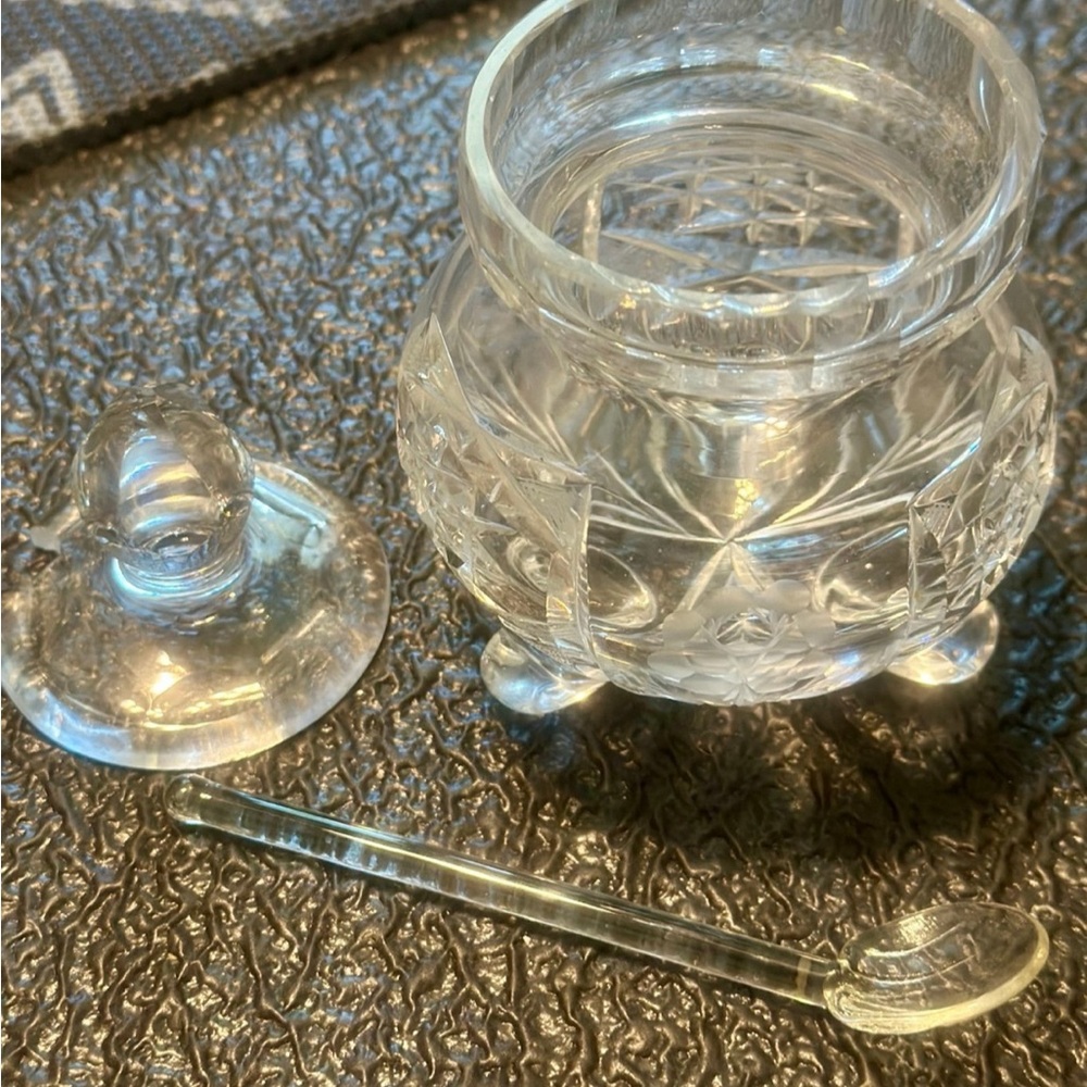 Vintage Crystal Glass Footed Jelly Jam Honey Sugar Jar w/ Spoon